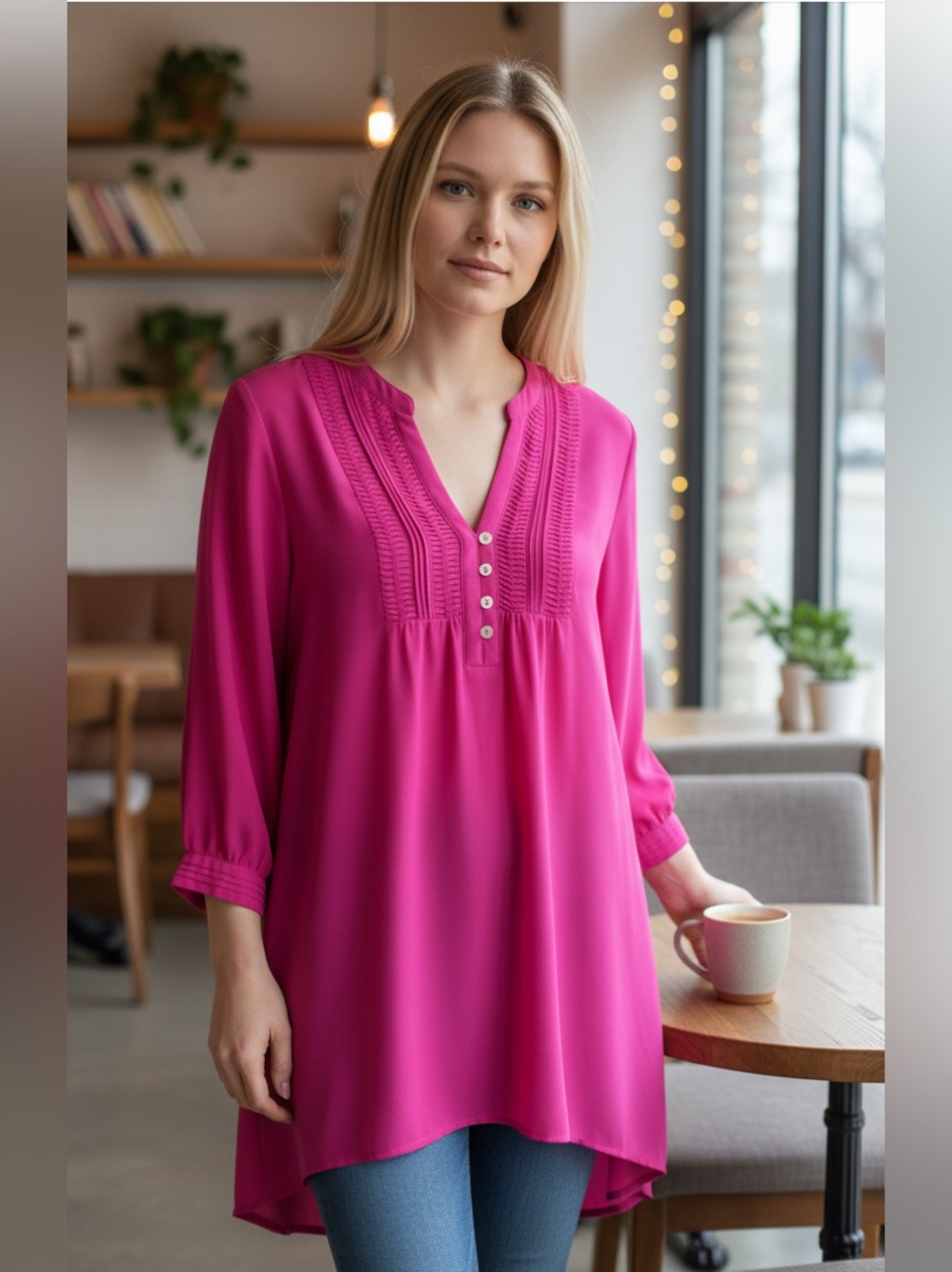 Gibson Latimer Pink Top w/ High Low Chiffon Long Sleeve Blouse - size L